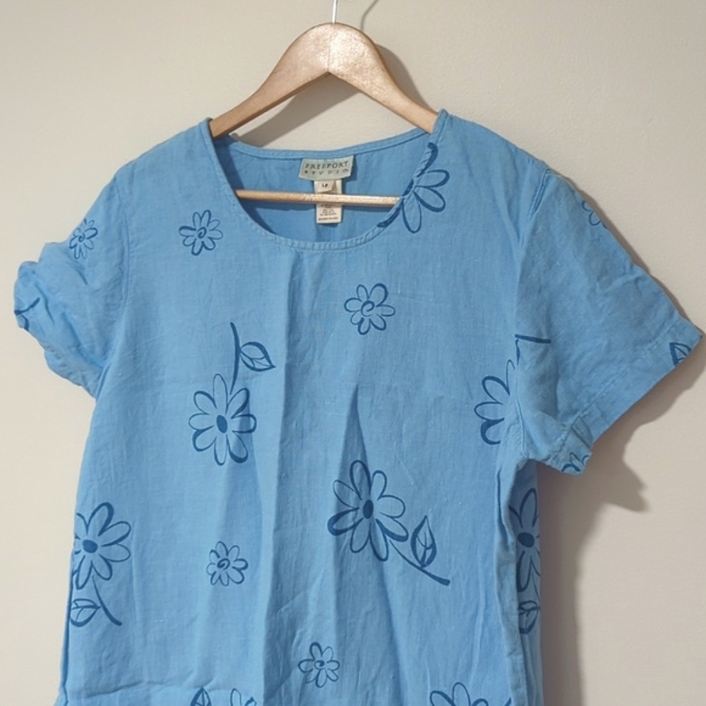 Vintage Blue Linen Floral Dress